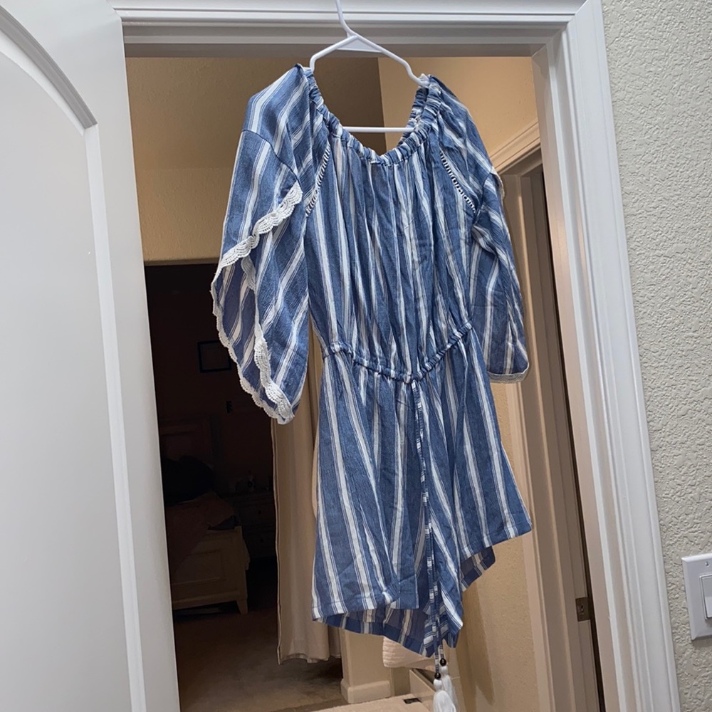 Lime Lush Slate Blue and Ivory Striped Off Shoulder Woven Romper
